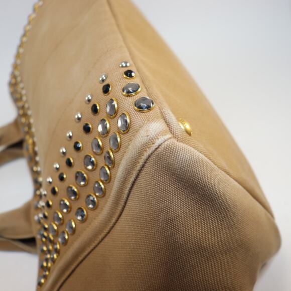 Prada Bijou Rhinestone Canapa Tote Tobacco Studded Canvas w/ Strap + Dust Bag - Picture 6 of 13